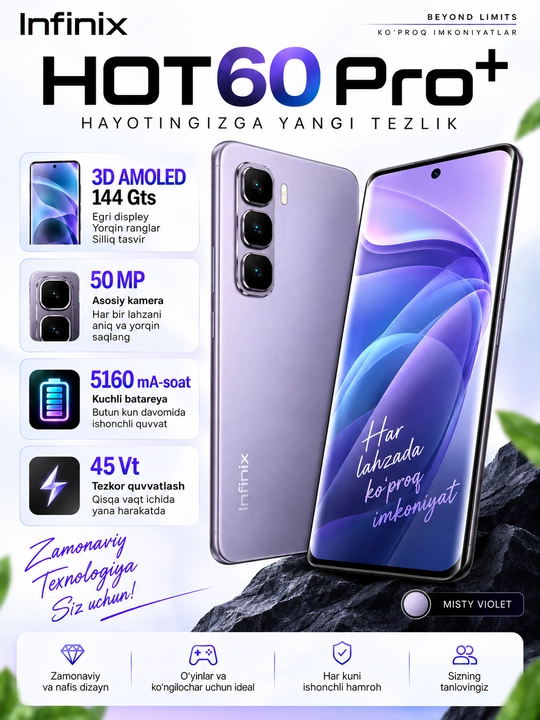 Infinix HOT 60 PrO+ smartfoni 8+8/256 GB egri 3D AMOLED 144HZ displey 50 MP 5160mACH  45Vt - 