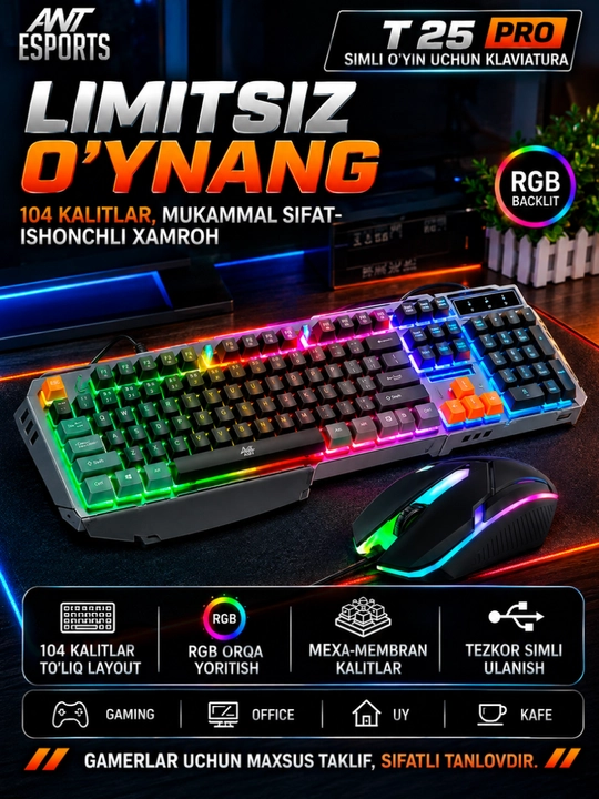 O‘yin klaviaturalari — RGB yoritishli, membranali, simli ulanishga ega - 