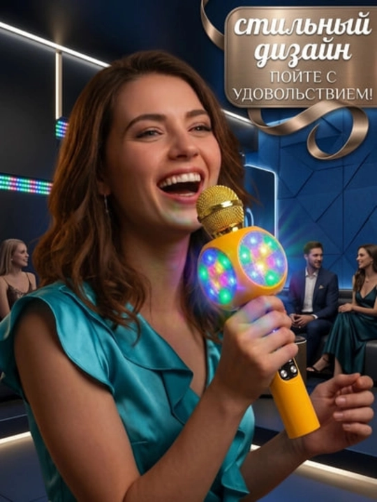 Karaoke mikrofon simsiz Bluetooth va RGB yoritgichli 6 in 1, sariq