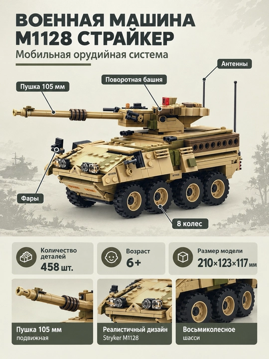 Harbiy mashina konstruktori M1128 Stryker bolalar uchun blokli o'yinchoq 458 detal