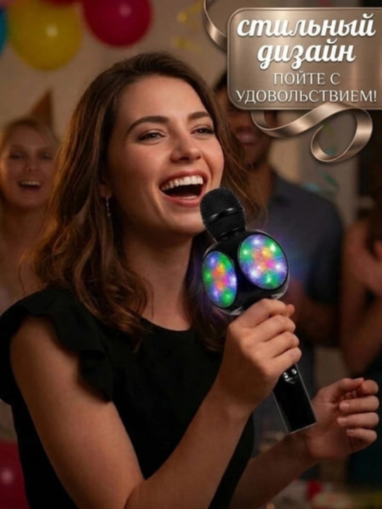 Karaoke mikrofon simsiz Bluetooth va RGB yoritgichli 6 in 1, sariq