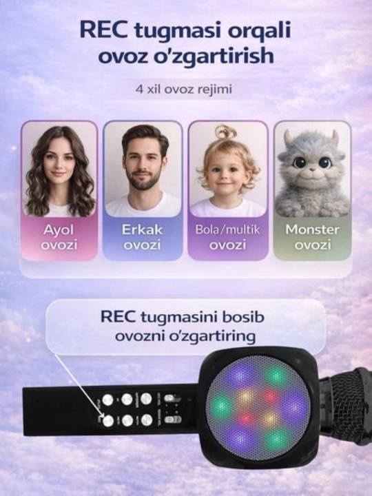 Karaoke mikrofon simsiz Bluetooth va RGB yoritgichli 6 in 1, sariq