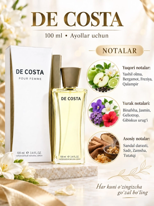 Parfyumeriya suvi Fragrance World De Costa Pour Femme ayollar uchun 100 ml