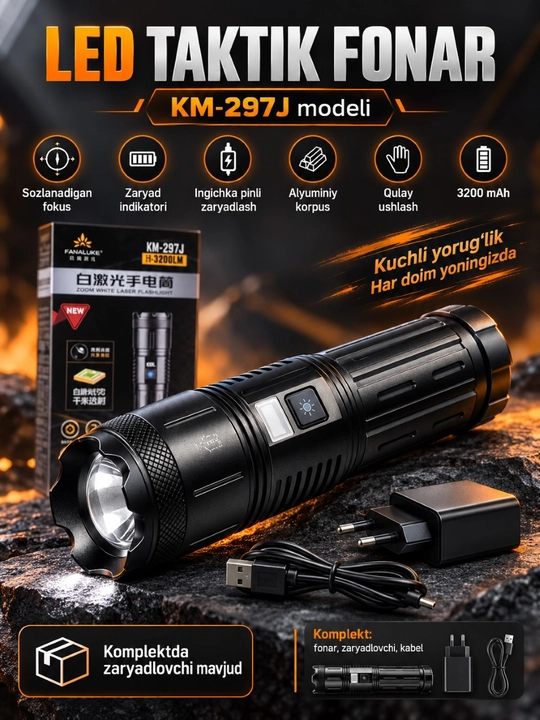 KM-297J akkumulyatorli LED fanarlar, sozlanadigan fokusli, zaryad indikatorli,fonar - 