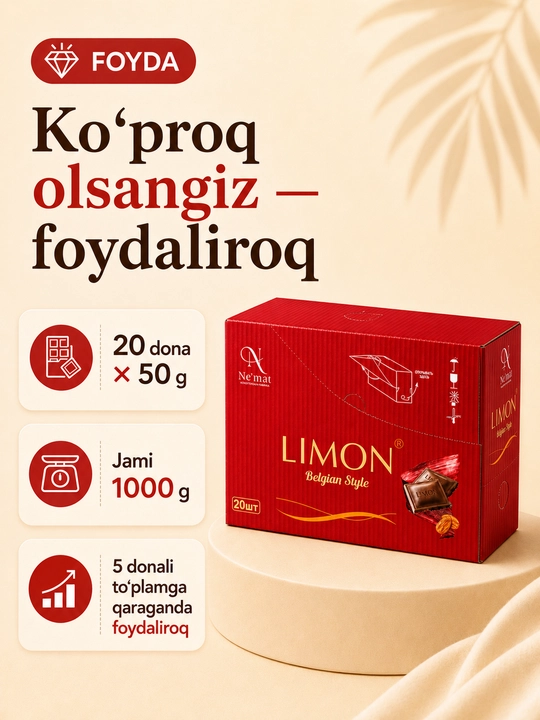 20 dona “LIMON Signature Red Edition” sutli shokolad plitkasi, Belgian Style, 50 g, Ne’mat