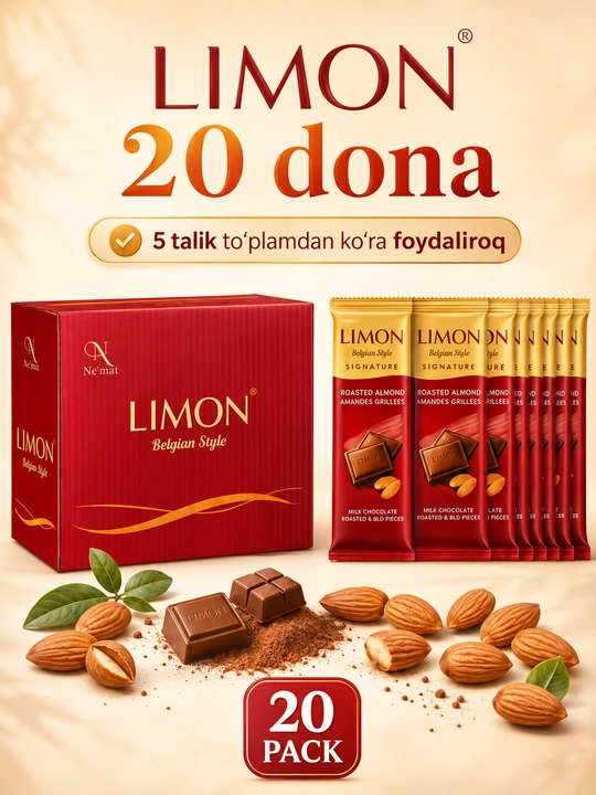 20 dona “LIMON Signature Red Edition” sutli shokolad plitkasi, Belgian Style, 50 g, Ne’mat