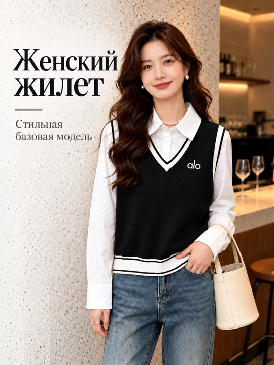 Кофта женская с эффектом рубашки и жилета - 