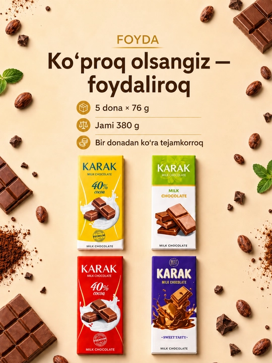 5 штук Шоколадная плитка KARAK Chocolate, Yellow Edition, 76 г, 16.5 × 7.5 см, Ne’mat