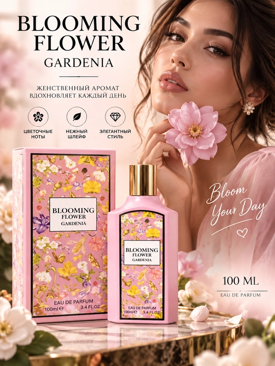 Parfyumlangan suv Fragrance World Blooming Flower Gardenia ayollar uchun, 100 ml