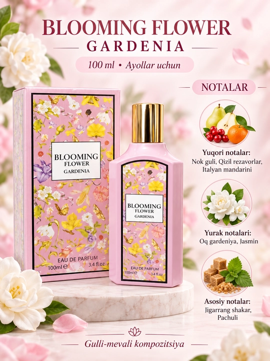 Parfyumlangan suv Fragrance World Blooming Flower Gardenia ayollar uchun, 100 ml