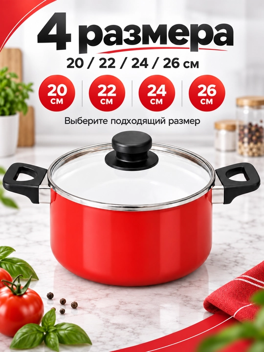 Кастрюля со стеклянной крышкой для приготовления пищи, красная, 20/22/24/26 см