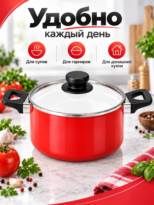 Кастрюля со стеклянной крышкой для приготовления пищи, красная, 20/22/24/26 см