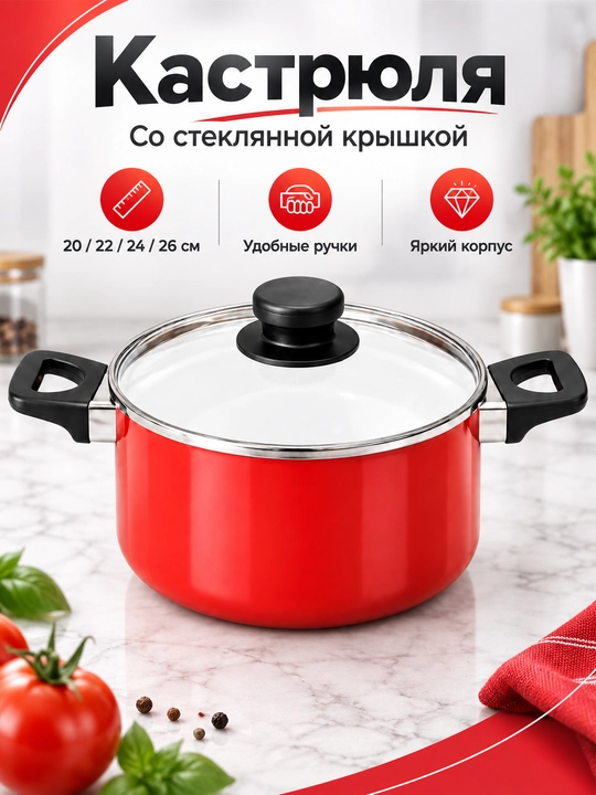 Кастрюля со стеклянной крышкой для приготовления пищи, красная, 20/22/24/26 см - 