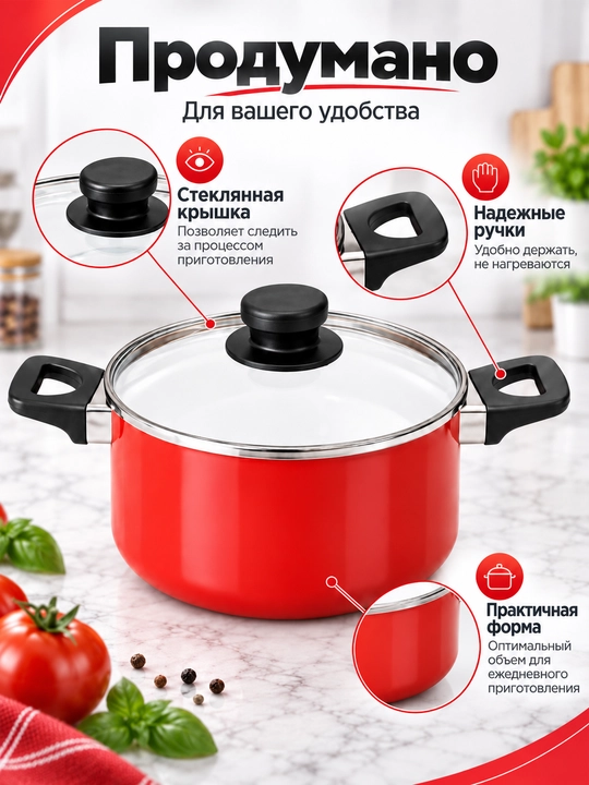 Кастрюля со стеклянной крышкой для приготовления пищи, красная, 20/22/24/26 см