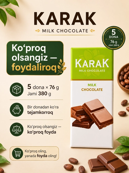 5 dona KARAK Chocolate, sutli shokolad Green Edition, 76 g, 16.5 × 7.5 sm, Ne’mat