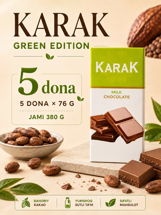 5 dona KARAK Chocolate, sutli shokolad Green Edition, 76 g, 16.5 × 7.5 sm, Ne’mat - 