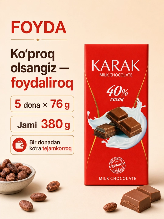 5 dona KARAK Chocolate, sutli shokolad Red Edition, 76 g, 16.5 × 7.5 sm, Ne’mat