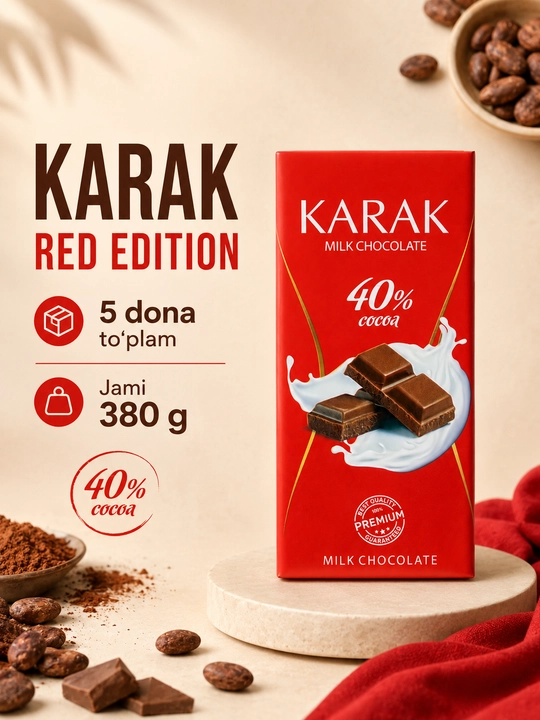 5 dona KARAK Chocolate, sutli shokolad Red Edition, 76 g, 16.5 × 7.5 sm, Ne’mat - 