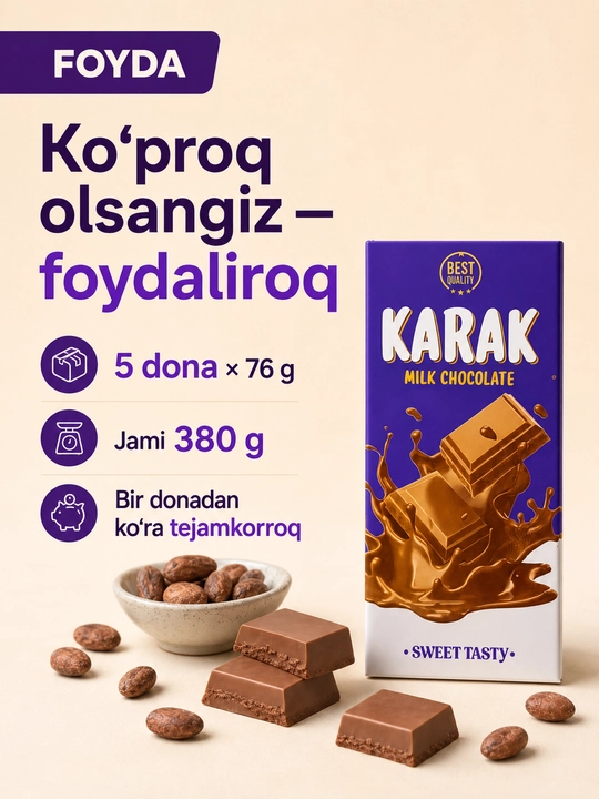 5 dona KARAK Chocolate, sutli shokolad Violet Edition, 76 g, 16.5 × 7.5 sm, Ne’mat