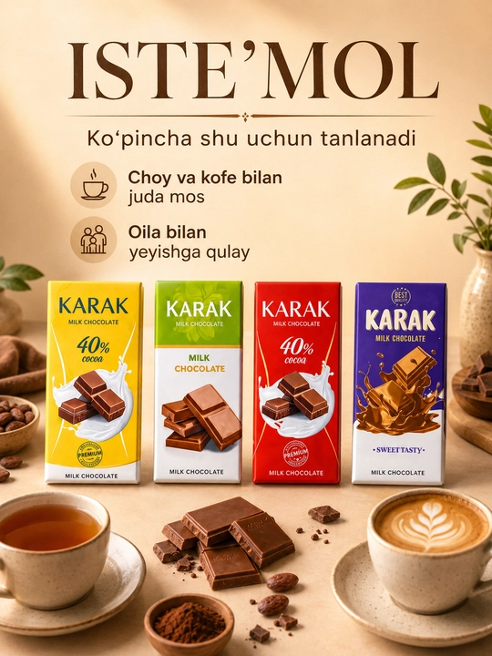 5 dona KARAK Chocolate, sutli shokolad Violet Edition, 76 g, 16.5 × 7.5 sm, Ne’mat