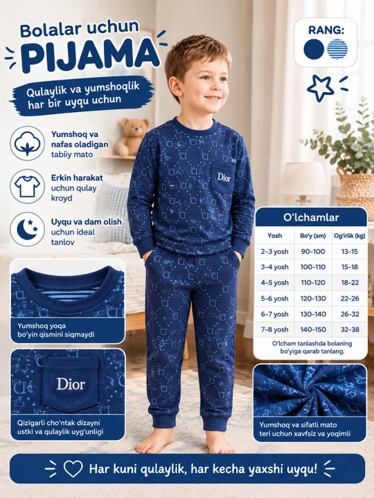O'g'il bolalar uchun pijama, issiq uy kiyimi, 90-160 - 