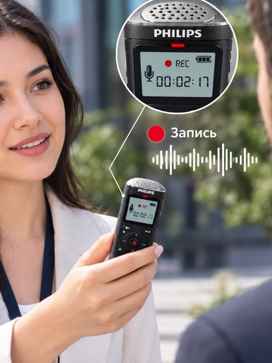 Philips DVT1170 — Цифровой диктофон с микрофоном 360° для записи голоса - 