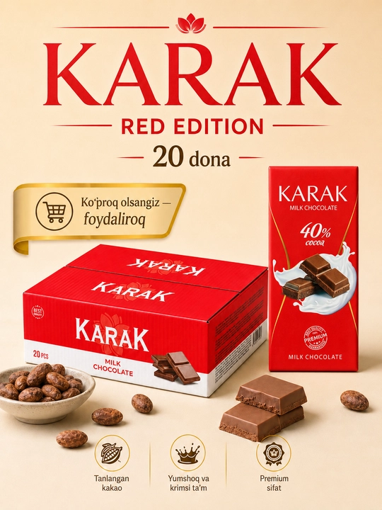20 dona KARAK Chocolate, sutli shokolad Red Edition, 76 g, karobkali, 16.5 × 7.5 sm, Ne’mat - 