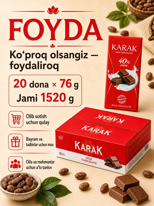 20 dona KARAK Chocolate, sutli shokolad Red Edition, 76 g, karobkali, 16.5 × 7.5 sm, Ne’mat