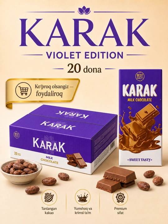 20 dona KARAK Chocolate, sutli shokolad Violet Edition, 76 g, 16.5 × 7.5 sm, Ne’mat - 