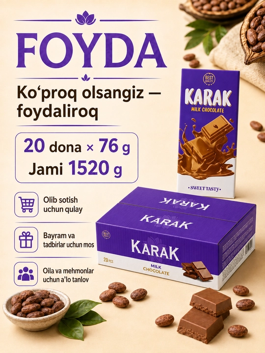 20 dona KARAK Chocolate, sutli shokolad Violet Edition, 76 g, 16.5 × 7.5 sm, Ne’mat