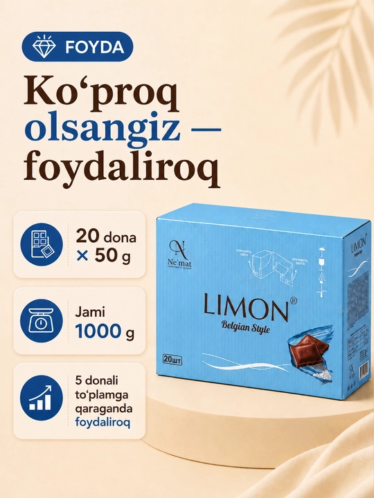 20 dona “LIMON Signature Blue Edition” shokolad plitkasi, Belgian Style, 50 g, Ne’mat