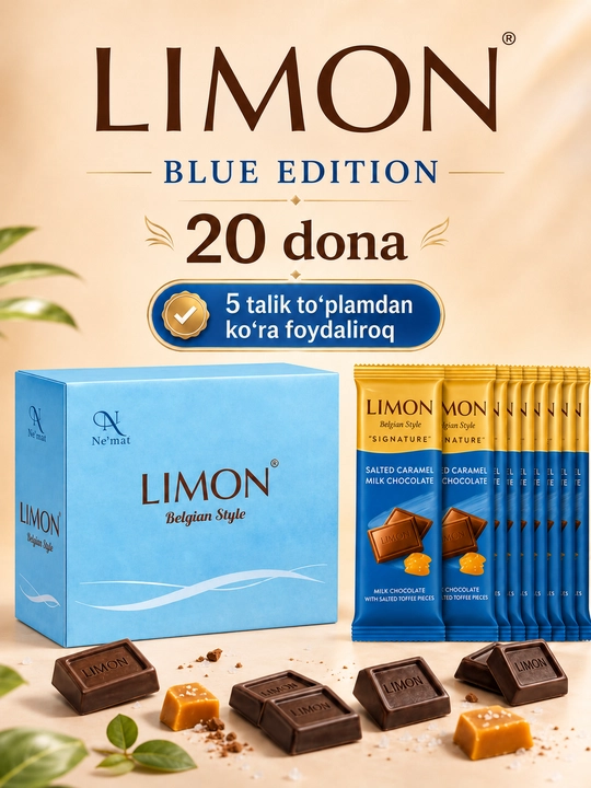 20 dona “LIMON Signature Blue Edition” shokolad plitkasi, Belgian Style, 50 g, Ne’mat