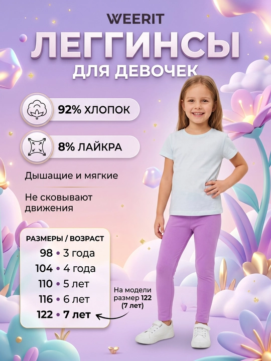 Детские леггинсы для девочек WEERIT трикотажные хлопковые эластичные лосины - 