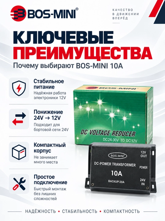 BOS-MINI 24V→12V kuchlanish o‘zgartirgichi, 10A/20A/30A/45A/60A
