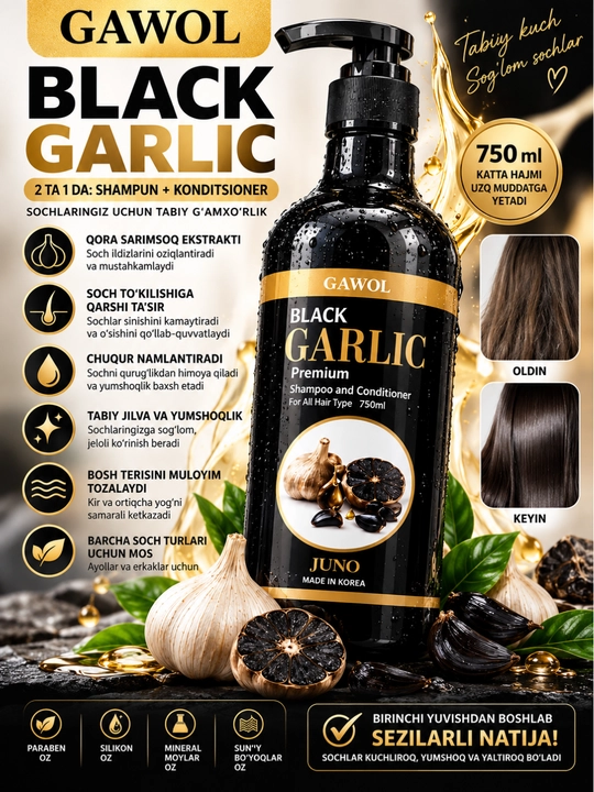 Qora sarimsoqli, soch to‘kilishiga qarshi 2 tasi 1 da shampun-konditsioner, 750 ml - 