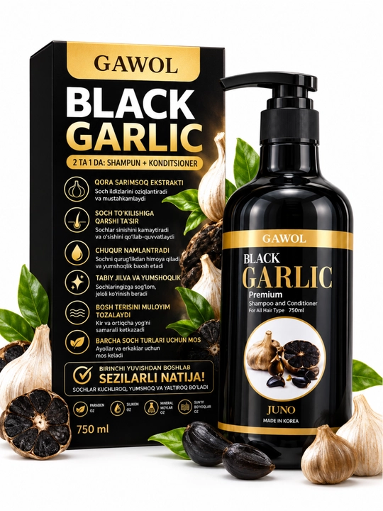 Qora sarimsoqli, soch to‘kilishiga qarshi 2 tasi 1 da shampun-konditsioner, 750 ml