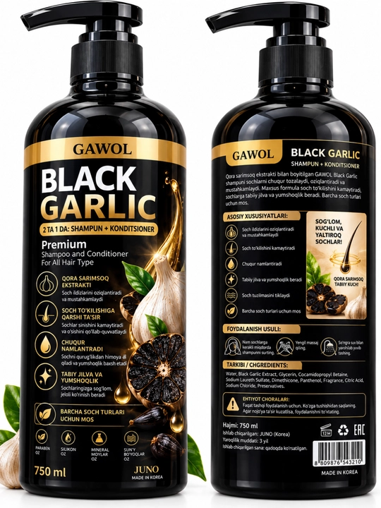 Qora sarimsoqli, soch to‘kilishiga qarshi 2 tasi 1 da shampun-konditsioner, 750 ml
