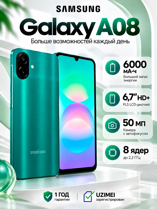 Смартфон Samsung Galaxy A08, 4/128 ГБ, экран 6,7″, 6000 мА·ч, камера 50 МП - 