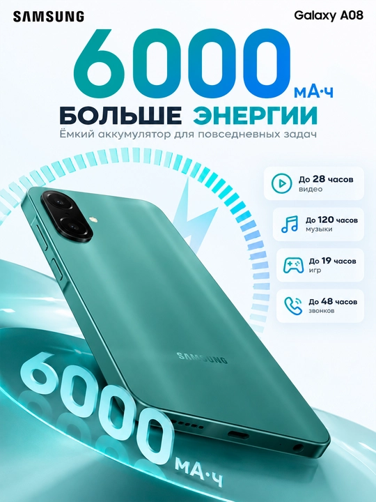 Смартфон Samsung Galaxy A08, 4/128 ГБ, экран 6,7″, 6000 мА·ч, камера 50 МП