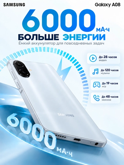 Смартфон Samsung Galaxy A08, 4/128 ГБ, экран 6,7″, 6000 мА·ч, камера 50 МП