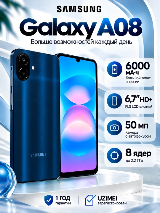 Смартфон Samsung Galaxy A08, 4/128 ГБ, экран 6,7″, 6000 мА·ч, камера 50 МП - 
