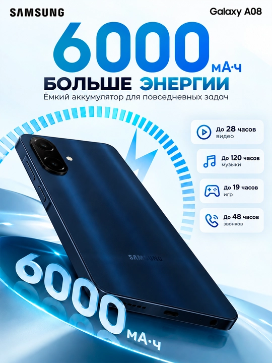 Смартфон Samsung Galaxy A08, 4/128 ГБ, экран 6,7″, 6000 мА·ч, камера 50 МП