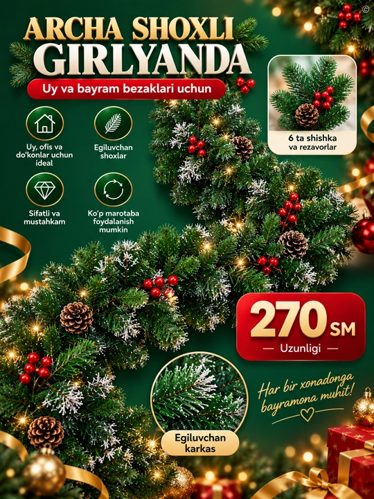 270 sm uzunlikdagi archa gulchambari -shoxlarining uchlarida qor va qizil rezavorlar bilan - 