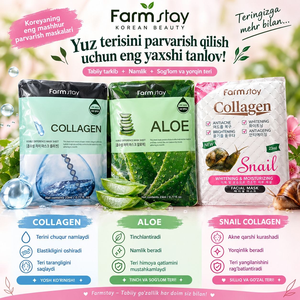 Тканевая маска для лица Farmstay Visible Difference Mask Sheet(Aloe,Collagen, Snail),23мл - 
