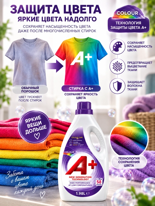 Гель для стирки A+ Colour для цветного белья, 1.988 л, 58 стирок