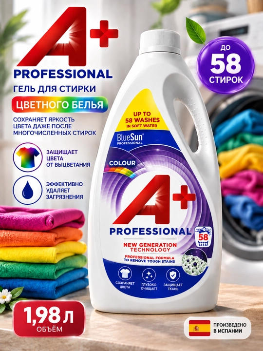 Rangli kiyimlar uchun A+ Colour kir yuvish geli, 1.988 l, 58 marta yuvilgan - 