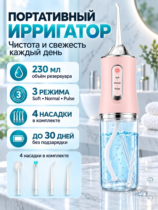 Og‘iz bo‘shlig‘i uchun simsiz irrigator, 230 ml, 3 rejim, 4 ta nasadka, USB - 