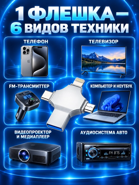 Флешка 4 в 1 для iPhone (до 12), Android, Mac, Window 128 ГБ, 256 ГБ, 512 ГБ, 1 ТБ