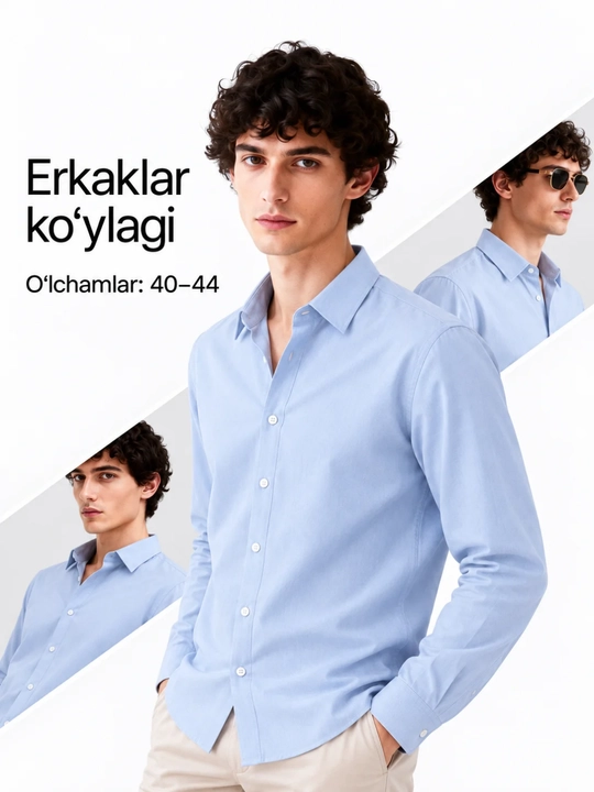 Erkaklar uchun uzun yengli klassik ko‘ylak, 10 rang, 40–44 o‘lcham