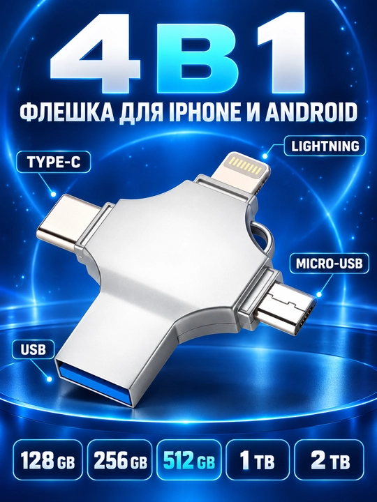 Флешка 4 в 1 для iPhone (до 12), Android, Mac, Window 128 ГБ, 256 ГБ, 512 ГБ, 1 ТБ - 